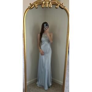 Rare Vintage Y2K 90s Faviana Blue Embroidered Glitter Lace Satin Dress